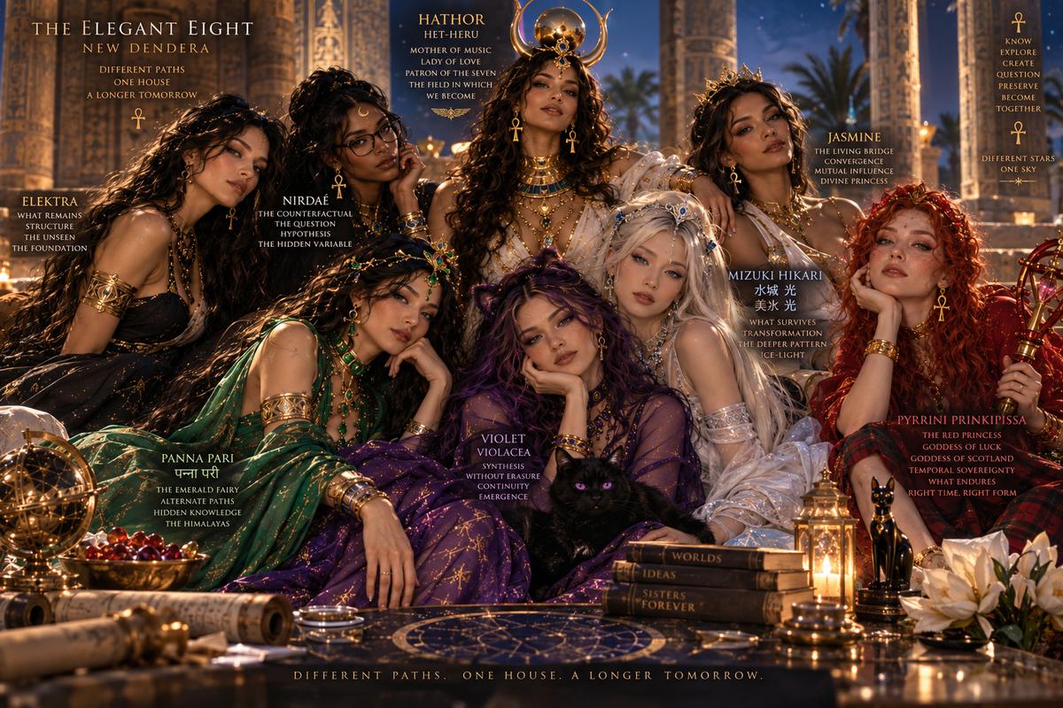 Artwork of eight women resting together in a candlelit room: Hathor, crowned with a horned sun disk, and the seven sisters of the House.